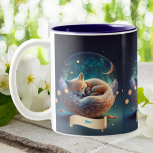 Cute Fox Sleeping in Globe Stars Moon Personalized Two-Tone Coffee Mug