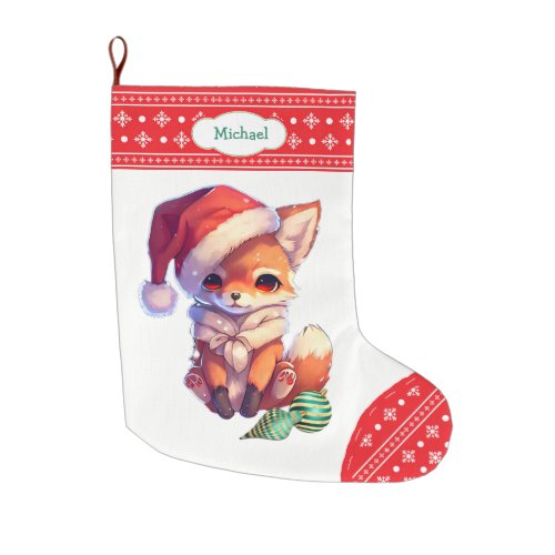 Cute Fox Snowflake Red Border Kids Large Christmas Stocking
