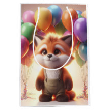 Cute fox surrounded by colorful balloons.