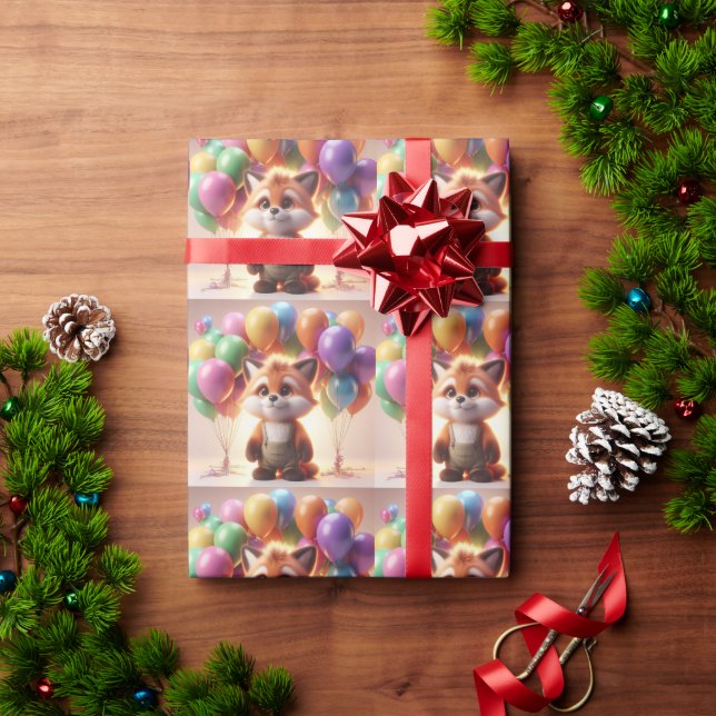 Cute fox surrounded by colorful balloons. wrapping paper (Holiday Gift)