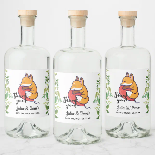 Cute Fox Thank You Baby Shower Liquor Bottle Label | Zazzle