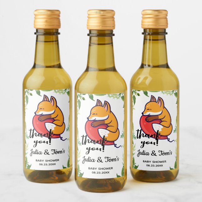 Cute Fox Thank You Baby Shower Mini Wine Label (Bottles)