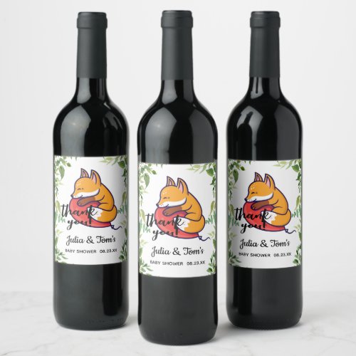 Cute Fox Thank You Baby Shower  Wine Label