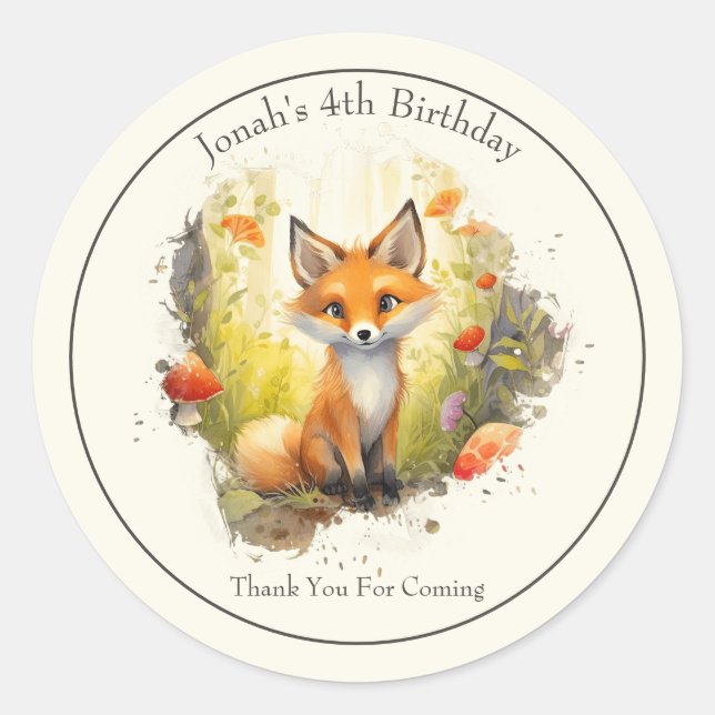 Cute Fox "Thank You" Birthday Favor Round Sticker (Front)