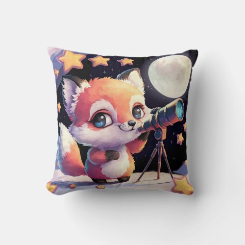 Cute Fox using Telescope to See Night Sky Throw Pillow