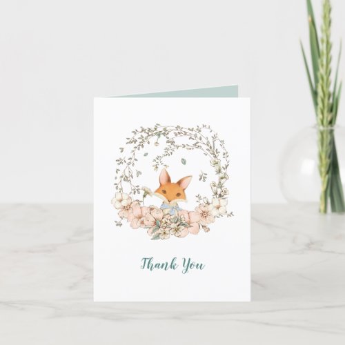 Cute Fox Vintage Floral Duck egg Blue Blank Inside Thank You Card