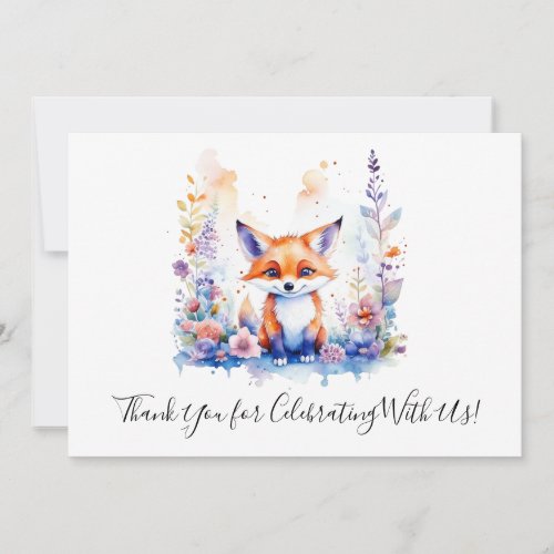 Cute Fox Watercolor Floral Art Baby Shower Thank You Card