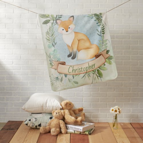 Cute Fox Watercolor Personalized Baby Blanket