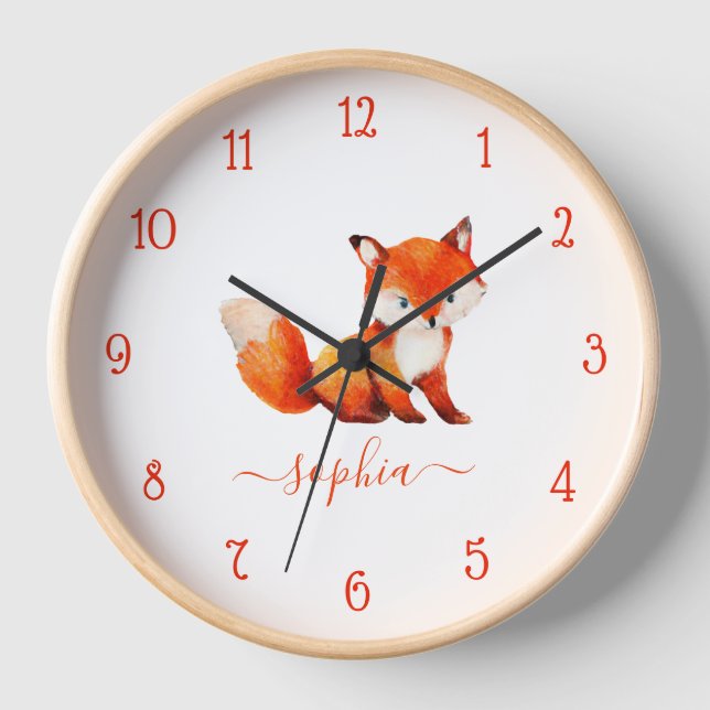 Cute Fox Watercolor Red Script Kid's Room Name Clock (Front)