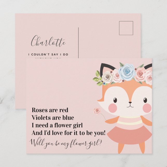 Cute Fox Wedding Flower Girl Proposal Announcement Postcard (Front/Back)