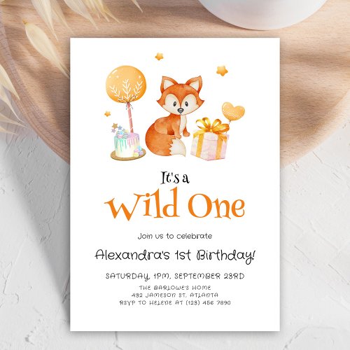 Cute Fox Wild One First Birthday Invitation