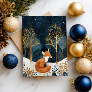 Cute Fox Winter Woodland Watercolor Christmas Postcard