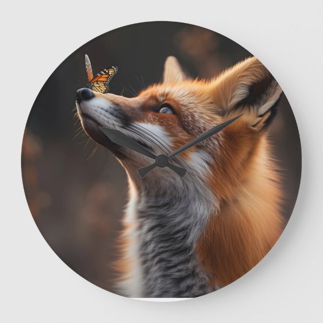 Cute fox with a butterfly sitting on its nose large clock (Front)