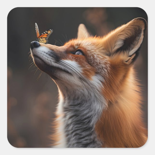 Cute fox with a butterfly sitting on its nose square sticker (Front)