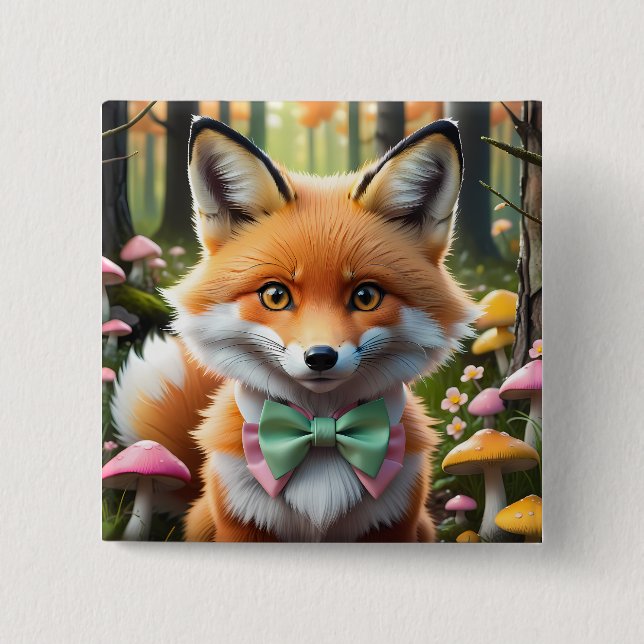 Cute Fox with a Green and Pink bow Button (Front)