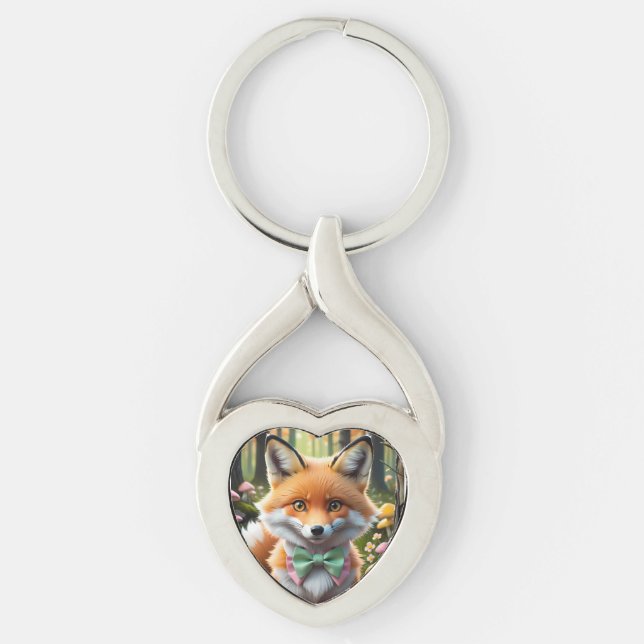 Cute Fox with a Green and Pink bow Keychain (Front)