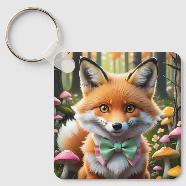Cute Fox with a Green and Pink bow Keychain (Front)