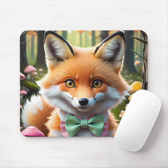 Cute Fox with a Green and Pink bow Mouse Pad (With Mouse)