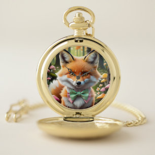 Cute Fox with a Green and Pink bow Pocket Watch