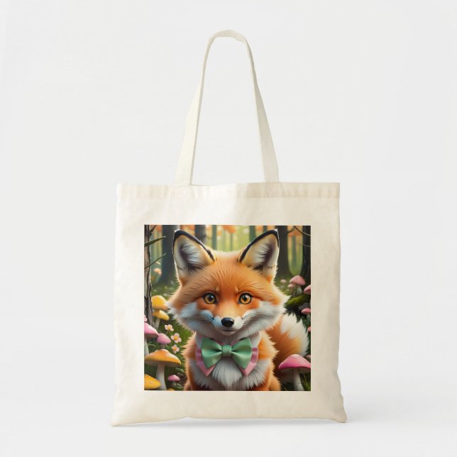 Cute Fox with a Green and Pink bow Tote Bag (Front)