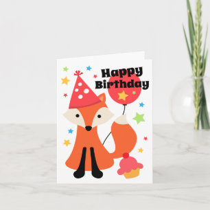 Cute fox with balloon cupcake star happy birthday card