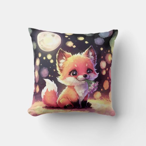 Cute Fox with Beautiful Flowers under Moon Light Throw Pillow