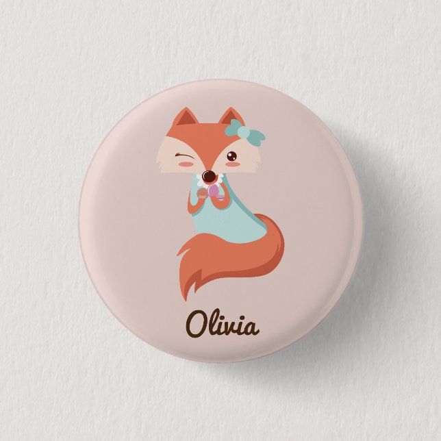 CUTE FOX WITH BLUE BOW  ADD YOUR NAME BUTTON (Front)