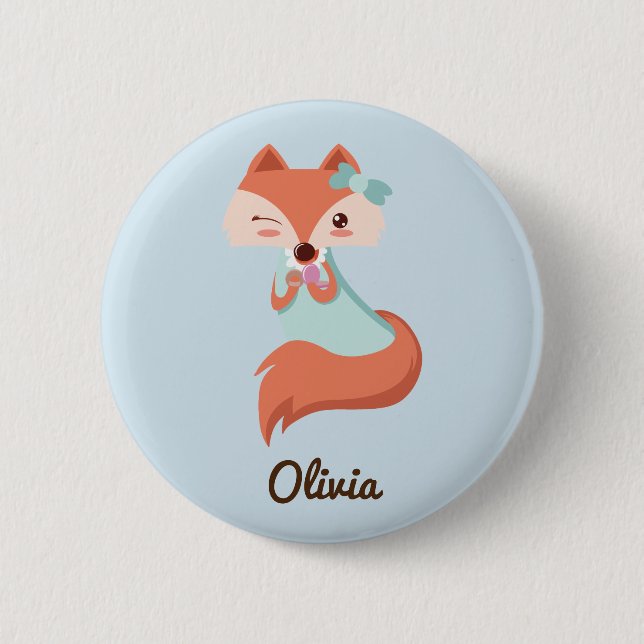 CUTE FOX WITH BLUE BOW  ADD YOUR NAME PINBACK BUTTON (Front)