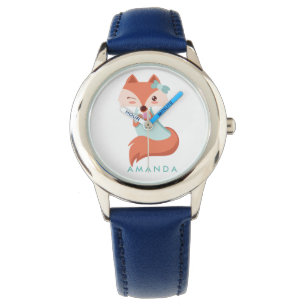 Cute FOX WITH BLUE BOW AND MIRROR Personalized Watch