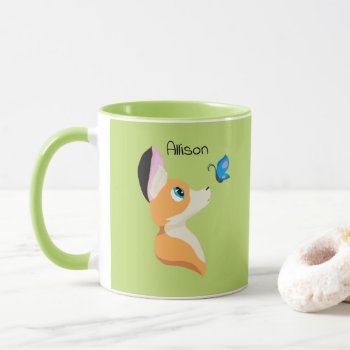 Cute Fox With Butterfly Cartoon And Name Mug by ohsogirly at Zazzle
