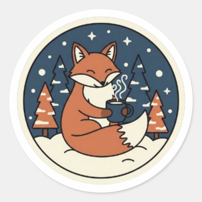 Cute Fox with Cocoa & Starry Winter Sky Classic Round Sticker (Front)