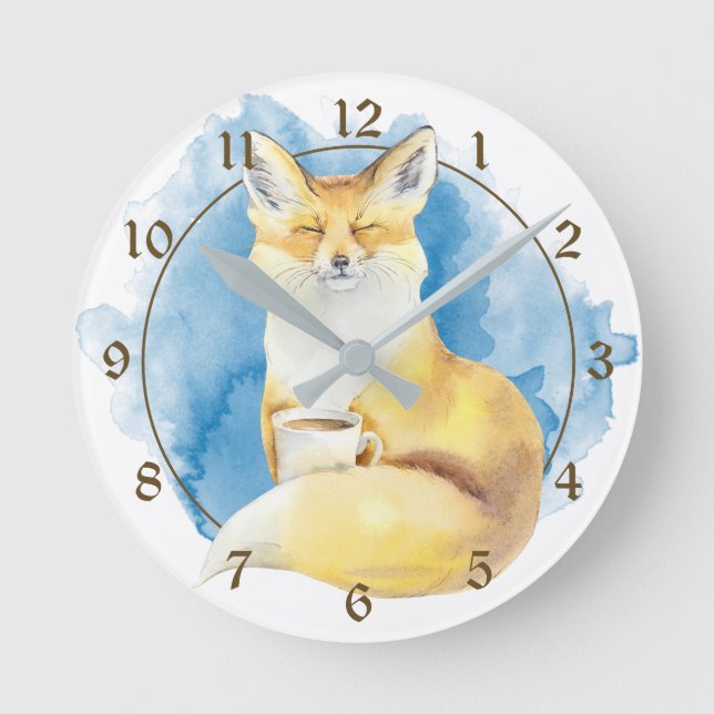Cute Fox with Coffee Cup on Blue Round Clock (Front)