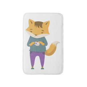 Cute fox with cup of tea bath mat