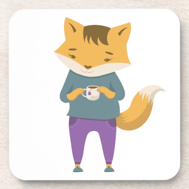 Cute fox with cup of tea beverage coaster (Front)