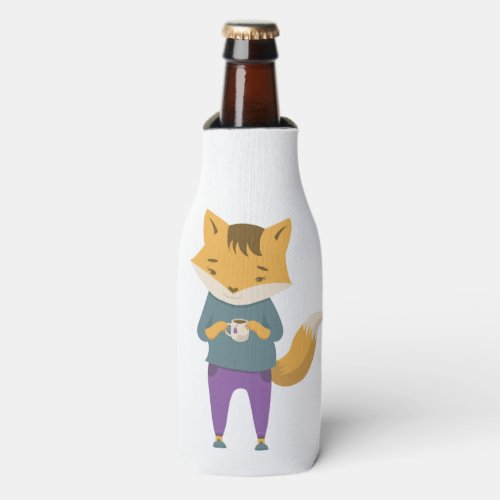 Cute fox with cup of tea bottle cooler