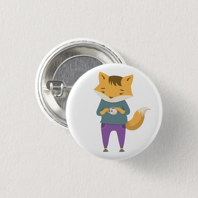 Cute fox with cup of tea button (Front & Back)