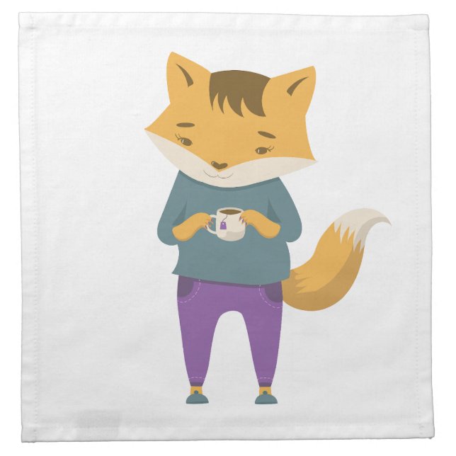 Cute fox with cup of tea cloth napkin (Front)