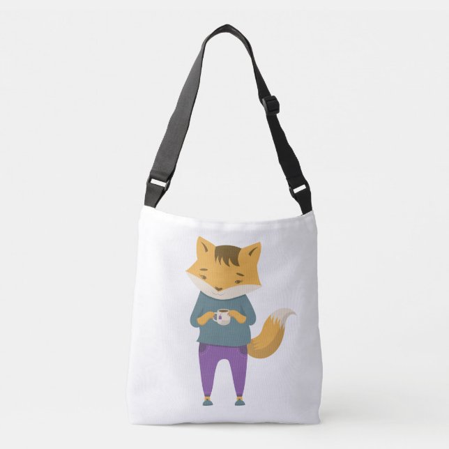 Cute fox with cup of tea crossbody bag (Front)