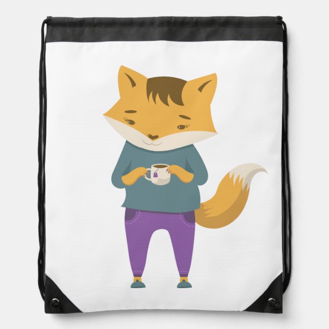 Cute fox with cup of tea drawstring bag (Front)
