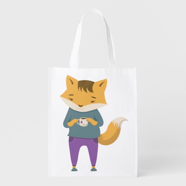 Cute fox with cup of tea grocery bag (Front)
