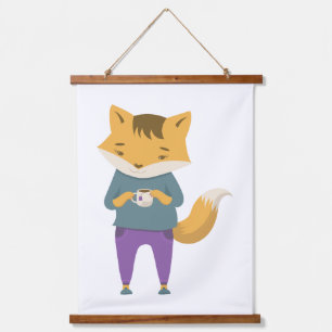 Cute fox with cup of tea hanging tapestry
