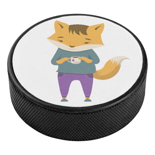 Cute fox with cup of tea hockey puck (3/4)