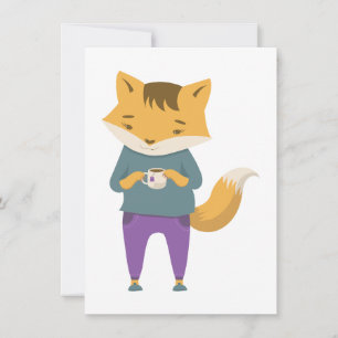 Cute fox with cup of tea holiday card