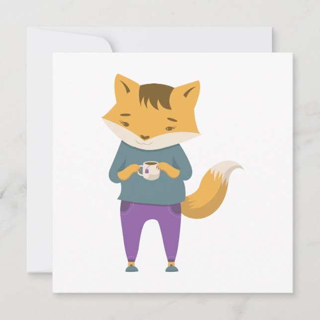 Cute fox with cup of tea holiday card (Front)