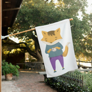 Cute fox with cup of tea house flag
