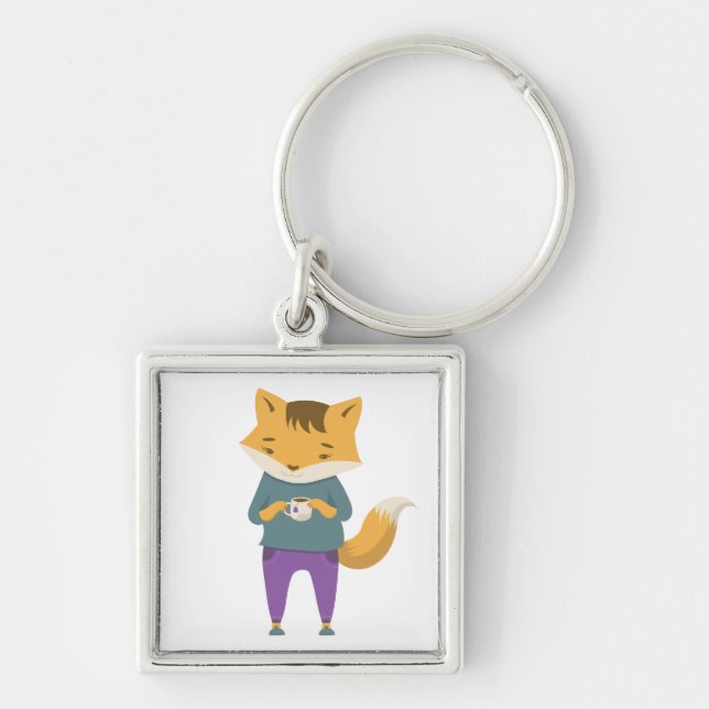 Cute fox with cup of tea keychain (Front)