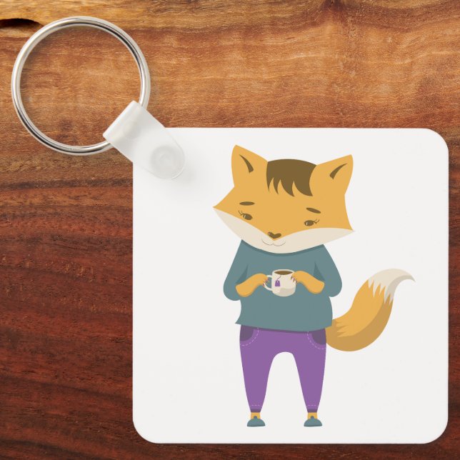 Cute fox with cup of tea keychain (Front)