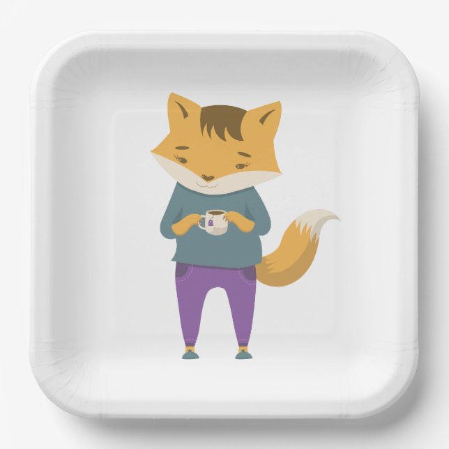 Cute fox with cup of tea paper plates (Front)