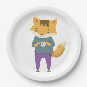 Cute fox with cup of tea paper plates