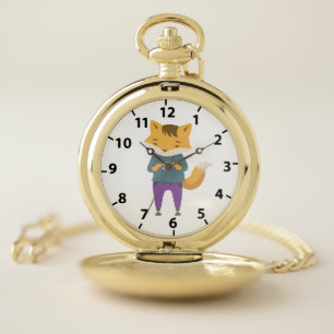 Cute fox with cup of tea pocket watch